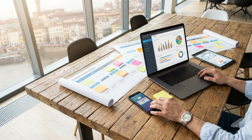 a man is piecing together the different parts of a customer journey in an effort to gather customer intelligence