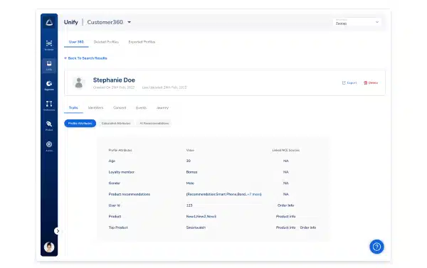 Customer 360 view in Zeotap CDP interface showing a unified customer profile