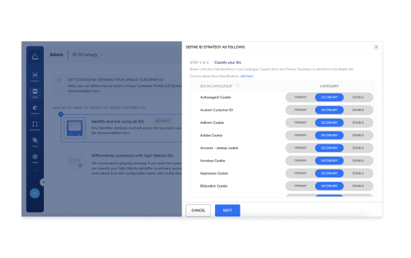 ID strategy setup interface featuring a list of cookies and IDs