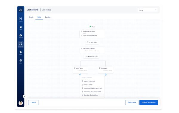 workflow builder interface for orchestrating customer journeys