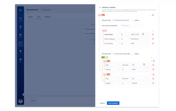 CDP interface showing the creation of journeys conditions